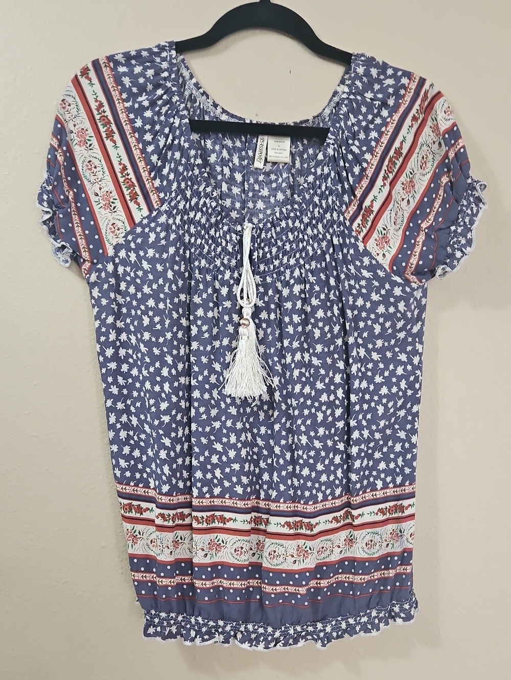 Passport Blue Floral Smocked Peasant Blouse with Tassel